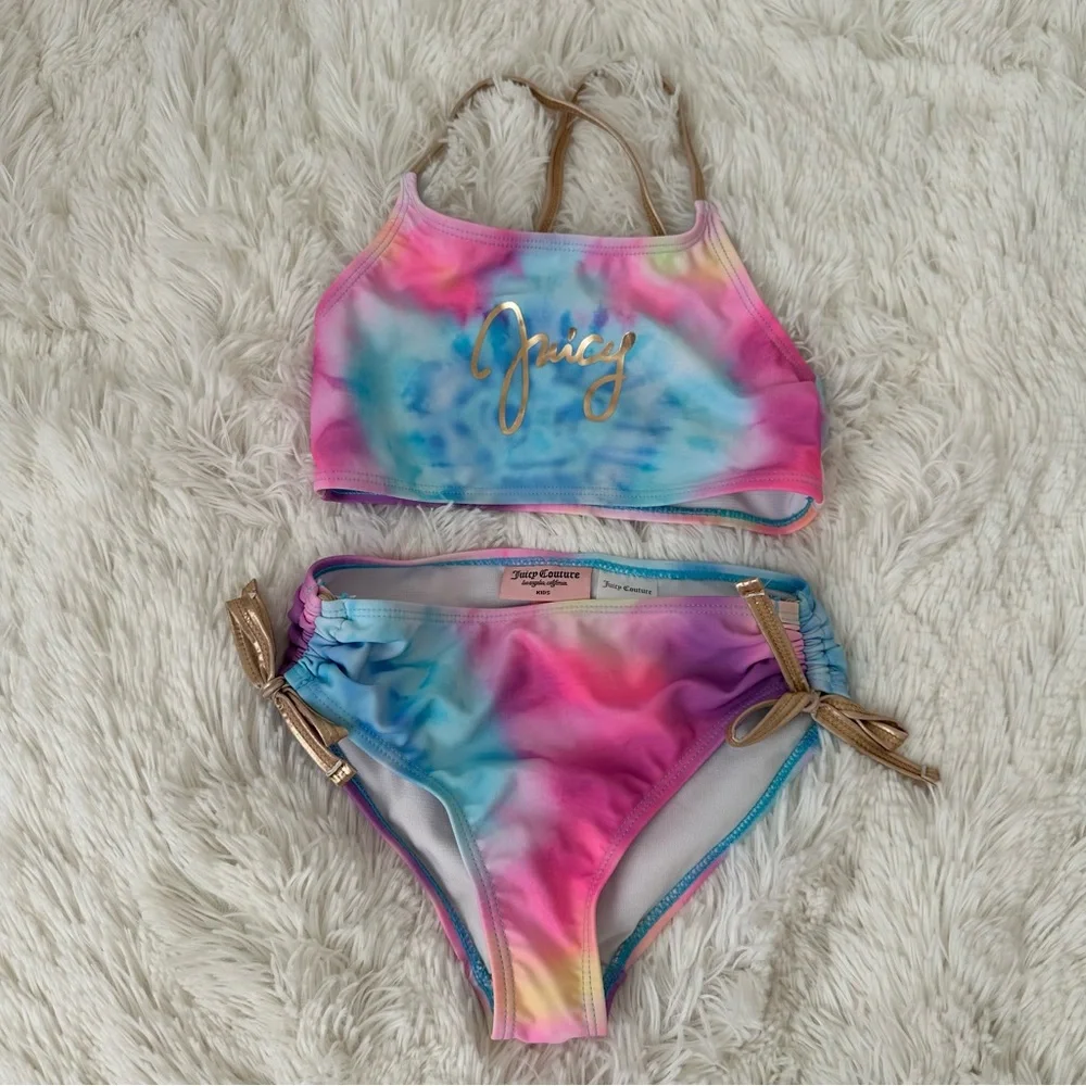 JUICY COUTURE Girls Tie Dye Bikini Swimsuit Pink Blue Gold Size 7 NWOT